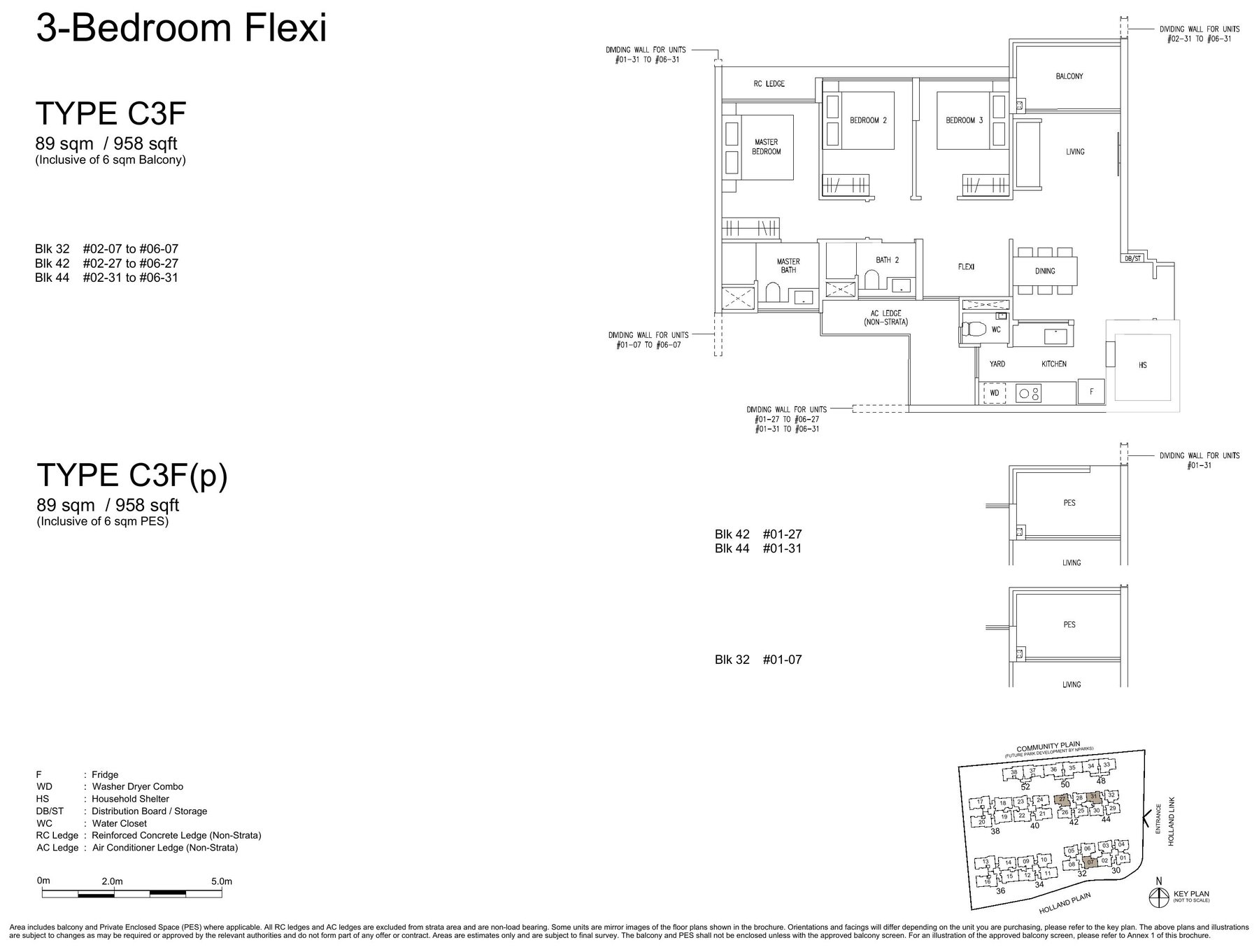 3 Bedroom Flexi (C3F) — 958 sqft floor plan
